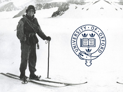 1920s man on skis, University of Oxford badge