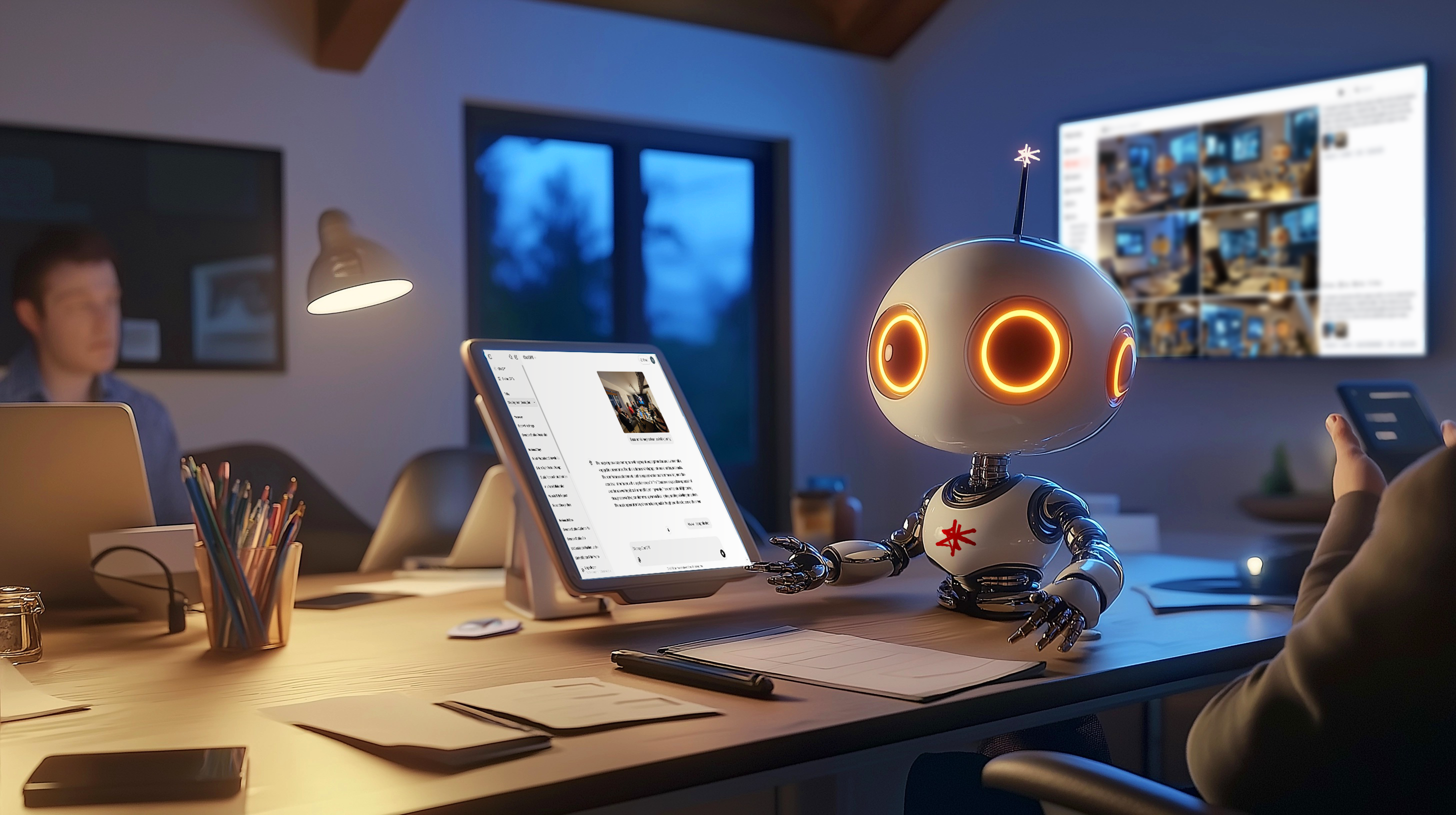 Futuristic office scene featuring a humanoid robot with glowing orange eyes, representing mark-making's new e-tern, working collaboratively at a desk with human colleagues. The robot features the mark-making red asterisk logo on its chest and antenna, symbolising the integration of AI as a creative and strategic tool in the agency's work.