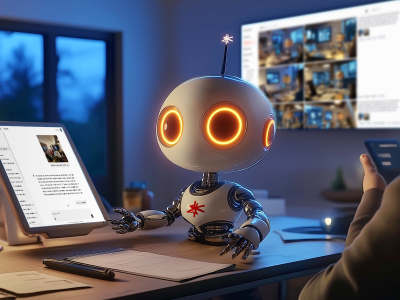 Futuristic office scene featuring a humanoid robot with glowing orange eyes, representing mark-making's new e-tern, working collaboratively at a desk with human colleagues. The robot features the mark-making red asterisk logo on its chest and antenna, symbolising the integration of AI as a creative and strategic tool in the agency's work