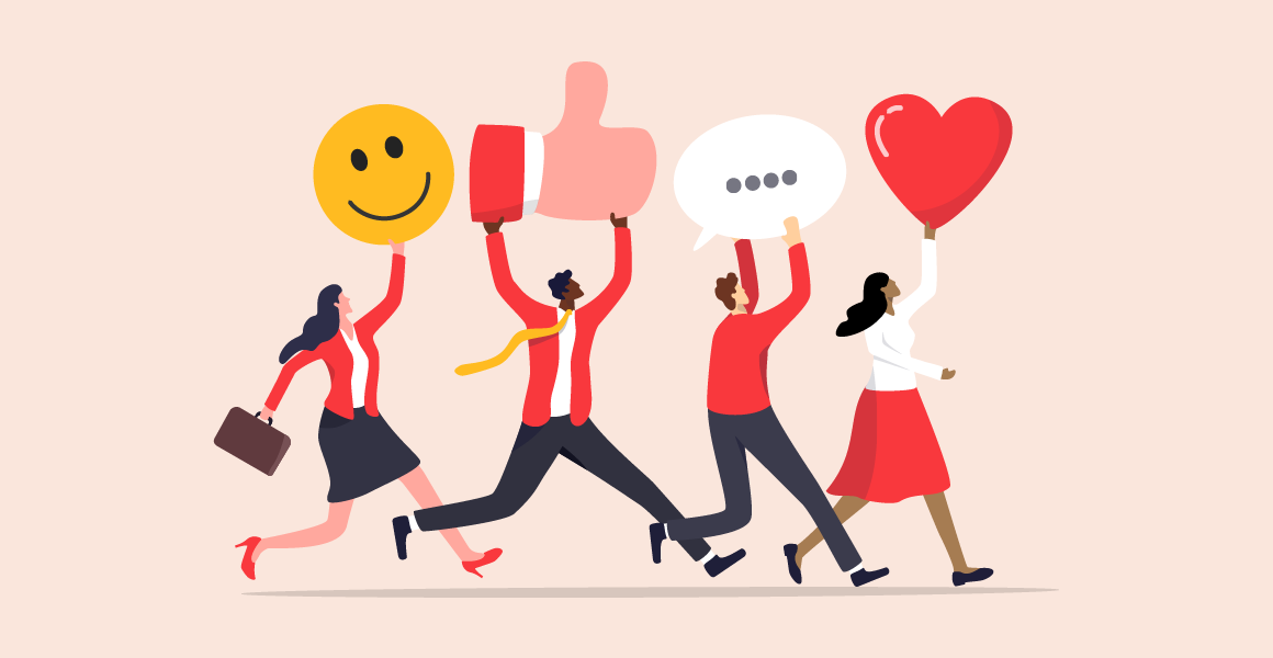 Illustration of four diverse characters running and holding symbols representing positive engagement, including a smiley face, a thumbs up, a speech bubble, and a heart, symbolising the importance of employer branding and employee engagement