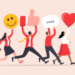 Illustration of four diverse characters running and holding symbols representing positive engagement, including a smiley face, a thumbs up, a speech bubble, and a heart, symbolising the importance of employer branding and employee engagement.