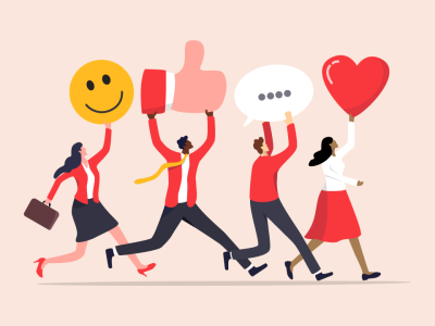 Illustration of four diverse characters running and holding symbols representing positive engagement, including a smiley face, a thumbs up, a speech bubble, and a heart, symbolising the importance of employer branding and employee engagement.